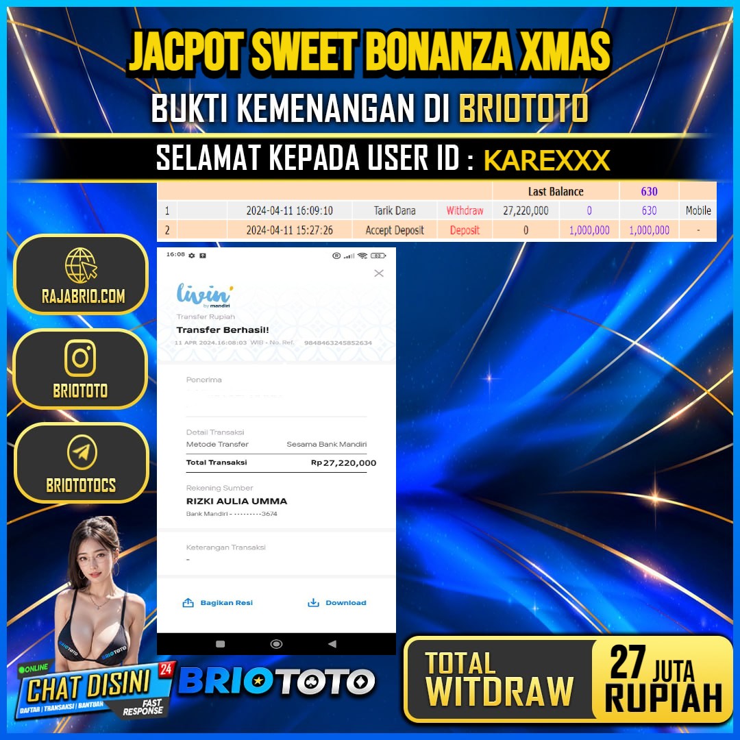 BRIOTOTO JACKPOT SLOT SWEET BONANZA XMAS RP. 27.000.000,- LUNAS USER ID KARE***